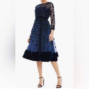 NWT Mac Duggal Embellished Navy Midi Dress with Velvet Trim, Size 10